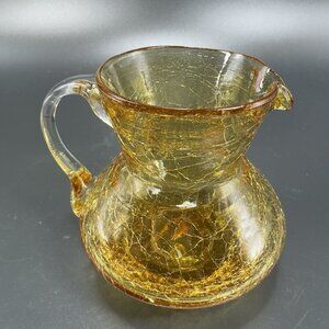 Vintage Hand Blown Crackle Glass Small Pitcher Creamer Jug Amber Clear Handle